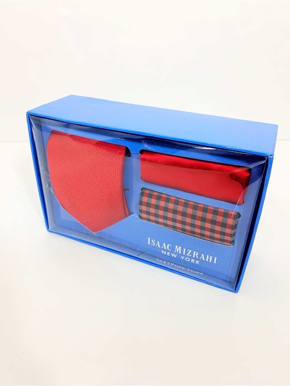 Isaac Mizrahi Red Tie with Matching Solid and Plaid Pocket Squares